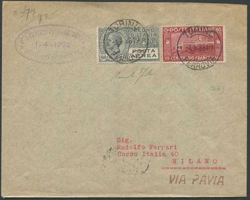 1926, 1° aprile, Primo Volo Torino-Pavia (Longhi 1439)  - Asta Storia Postale e Filatelia - Cambi Casa d'Aste