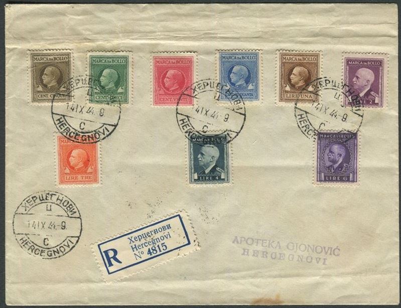 1944, Occupazioni, Cattaro, Raccomandata da Herceg Novi (Castelnuovo) affrancata marche da bollo italiane del 1939 (Marchetto n. 125/132 e 134)  - Asta Storia Postale e Filatelia - Cambi Casa d'Aste