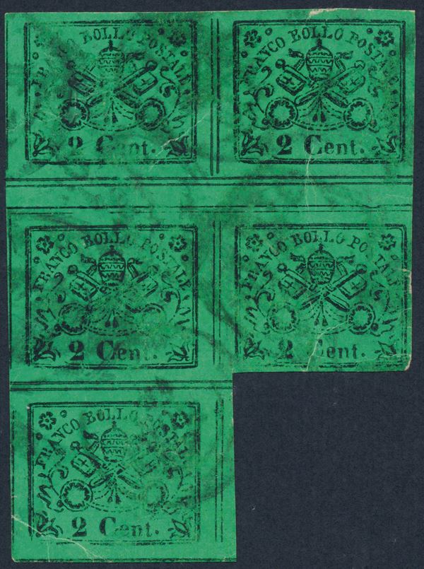 1867, Stato Pontificio, 2 cent. verde giallo (13), II emissione, annullato a Roma in blocco di cinque “a seggiola”