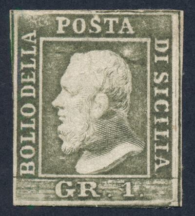 1859, Sicilia, 1 Grano Oliva Grigiastro (4e), II Tavola, Carta di Napoli, Nuovo con Gomma