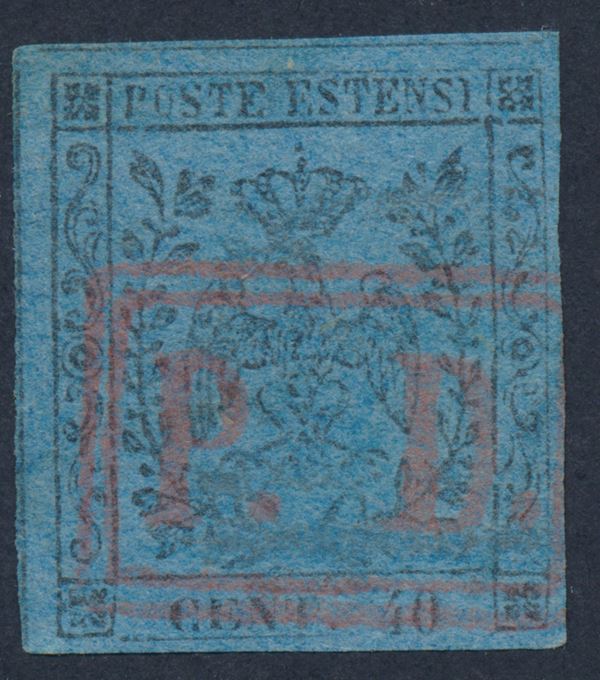 1852, Modena, 40c. azzurro scuro senza punto dopo la cifra (6) annullato “P.  D.” in doppia cartella in rosso