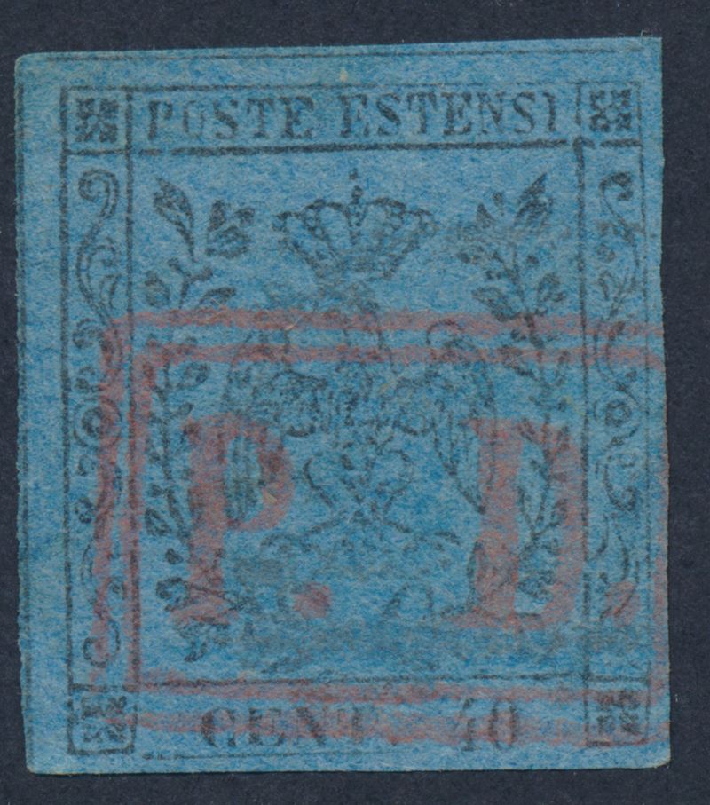 1852, Modena, 40c. azzurro scuro senza punto dopo la cifra (6) annullato “P.  D.” in doppia cartella in rosso  - Auction Postal History and Philately - Cambi Casa d'Aste