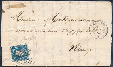 1852, Sardegna, Lettera da Chambery (savoia)a Nizza Affrancata con Francobollo di Sardegna, i Emi...