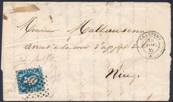 1852, Sardegna, Lettera da Chambery (Savoia)a Nizza affrancata con francobollo di Sardegna, I emissione, 1851, 20c. azzurro chiaro (2g)