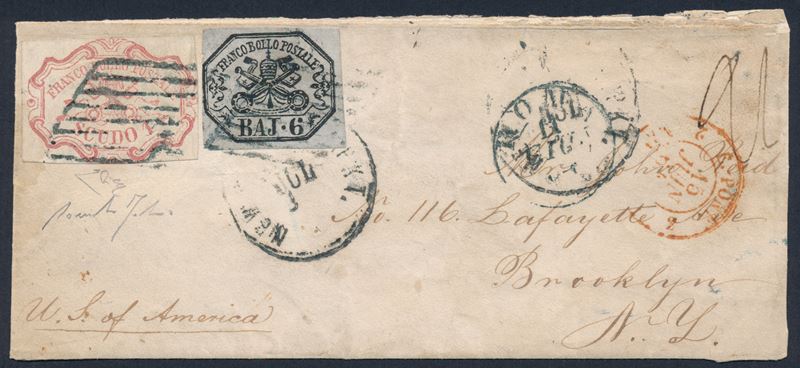 1864, Pontificio, Lettera da Roma a Brooklyn (New York) affrancata con due francobolli pontifici, 1852, 6 baj. lilla grigio (7A) e 1 scudo rosa carminio (11)  - Asta Storia Postale e Filatelia - Cambi Casa d'Aste