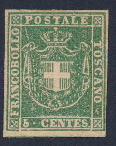 1860, Toscana, Governo Provvisorio, 5 Cent. Verde (18), Gomma Originale
