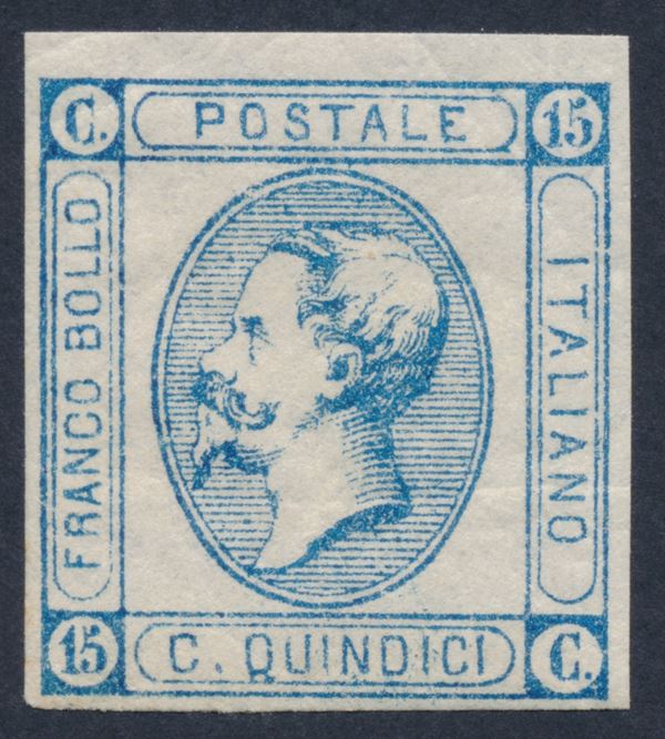 1863, Regno d’Italia, 15c. azzurro, I tipo, (12) con gomma integra screpolata