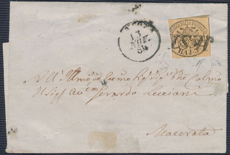 1854, Stato Pontificio, 3b. giallo arancio (4), I emissione, su sovra coperta da Jesi a Macerata. Annullo lineare stampatello inclinato JESI (punti 4)  - Auction Postal History and Philately - Cambi Casa d'Aste