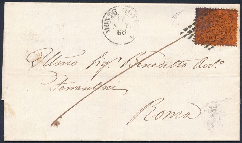 1868, Stato Pontificio, 10c. arancio vermiglio (26), III emissione, su lettera da Monterotondo a Roma. Annullo con losanga di trattini e Annullo a doppio cerchio del 12 settembre.  - Auction Postal History and Philately - Cambi Casa d'Aste