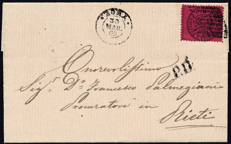 1869, Stato Pontificio, 20c. solferino (28) , III emissione, su lettera da Roma a Rieti.  - Auction Postal History and Philately - Cambi Casa d'Aste