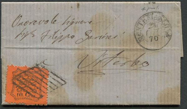 1870, Stato Pontificio, 10c. arancio vermiglio (26), III emissione, su lettera da Montefiascone (punti 4) a Viterbo