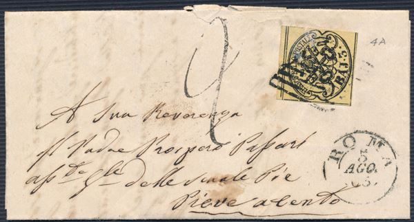 1863, Stato Pontificio, 3b. giallo cromo (4A), I emissione, su lettera da Roma per Pieve di Cento (Ferrara).