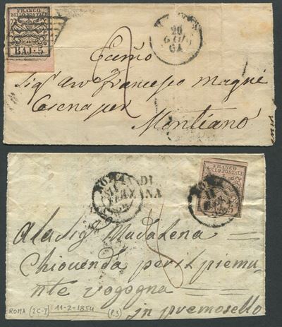 1852, Stato Pontificio, 5 Baj Rosa Chiaro (6), i Emissione, Frammenti per Montiano e per Premosel...