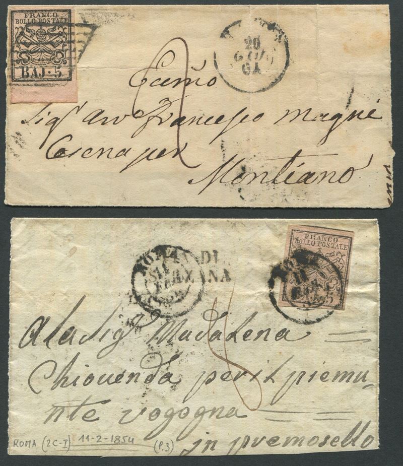 1852, Stato Pontificio, 5 baj rosa chiaro (6), I emissione, frammenti  per Montiano e per Premosello Chiovenda  - Auction Postal History and Philately - Cambi Casa d'Aste