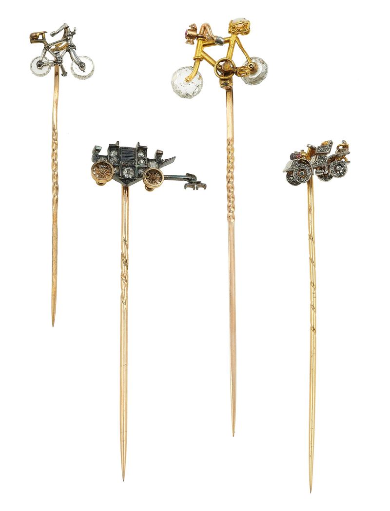Collection of four gold, silver, diamond, flat-cut diamond and rock crystal pins  - Auction Fine Jewels - Cambi Casa d'Aste