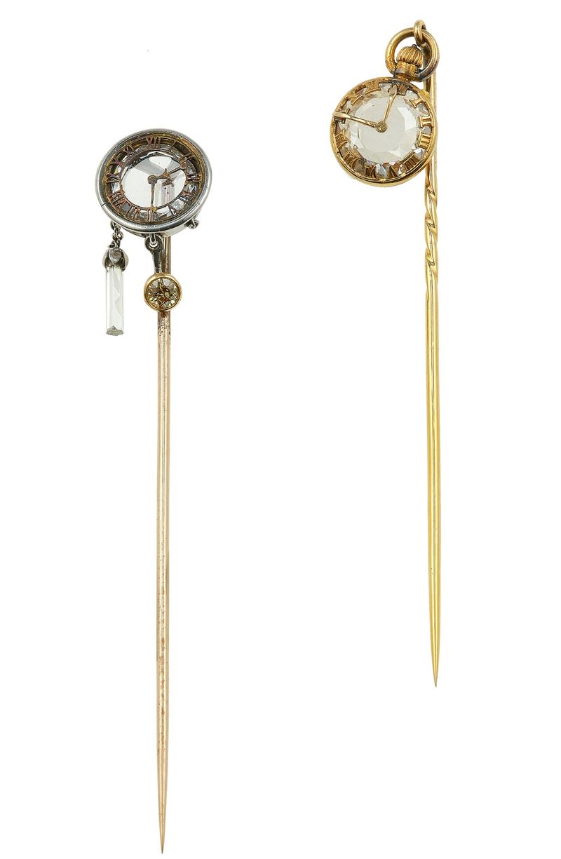 Collection of two gold, silver, diamond, flat-cut diamond and rock crystal pins  - Auction Fine Jewels - Cambi Casa d'Aste