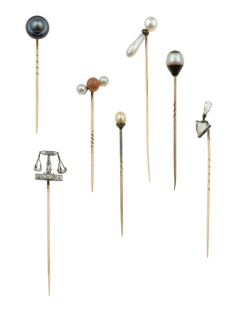 Collection of seven gold, silver, pearl, flat-cut diamond and rock crystal pins  - Auction Fine Jewels - Cambi Casa d'Aste