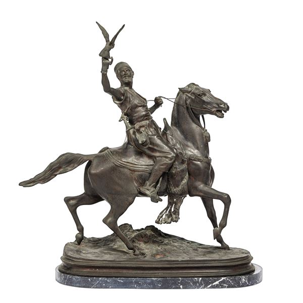 Da un modello di Pierre-Jules Mène, firmato F de Luca. Italia, XIX-XX secolo Falconiere arabo a cavallo