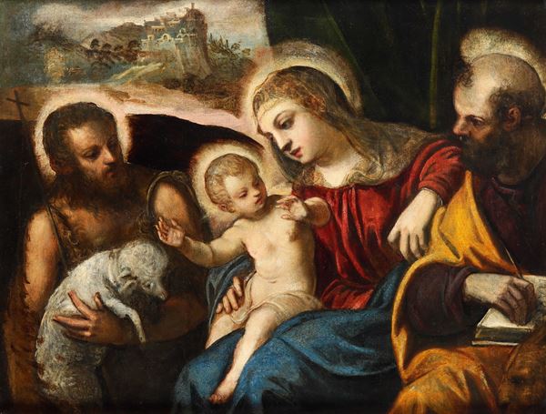 Scuola veneta del XVII secolo Sacra famiglia con San Giovanni Battista