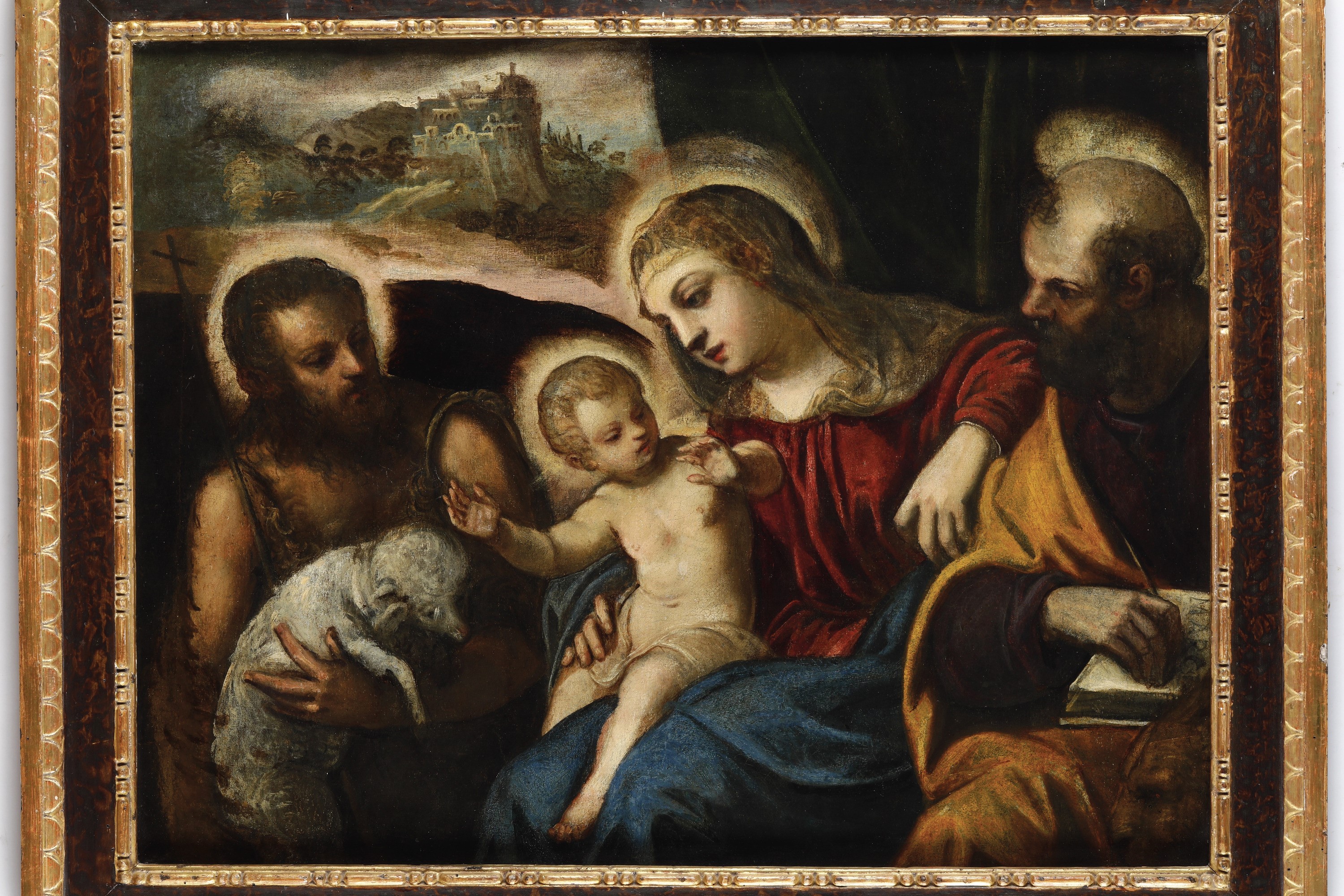 Scuola veneta del XVII secolo, Sacra famiglia con San Giovanni Battista, olio su tela