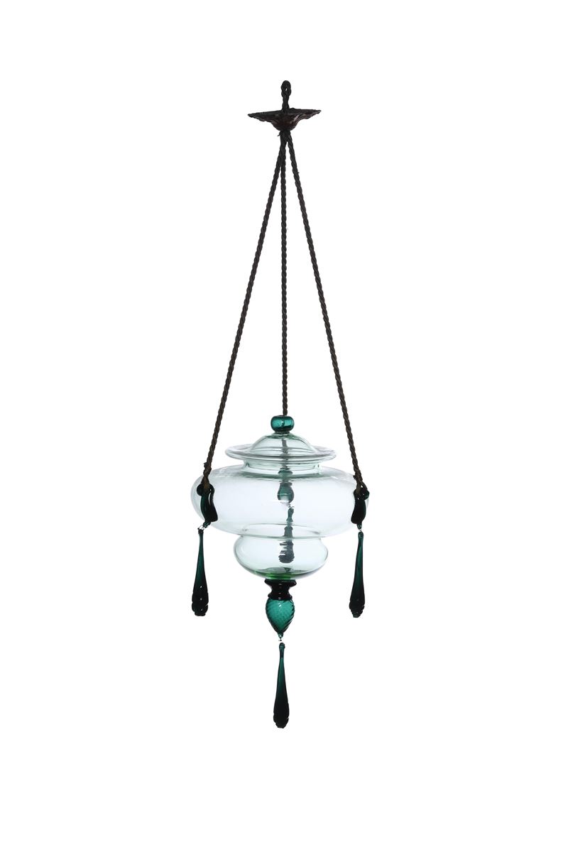 MVM Cappellin : Murano, 1935.  Raro cesendello in vetro soffiato verdino con coperchio e gocce pendenti  - Auction Italian Mansions - Cambi Casa d'Aste