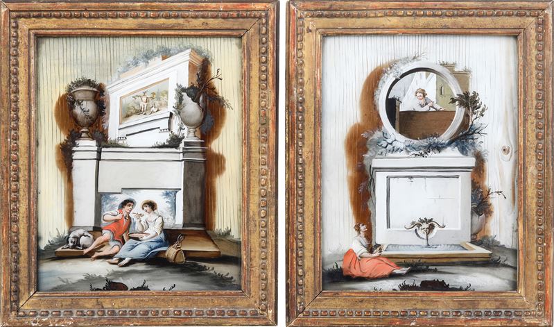 Scuola veneta del XVIII secolo Capricci con elementi architettonici e figure di contadini  - olio su vetro - Asta Dimore Italiane - Cambi Casa d'Aste