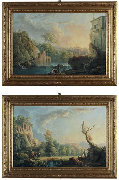 Paesaggio fluviale con lavandaie e pescatori / Paesaggio con rovine e viandanti, olio su tela