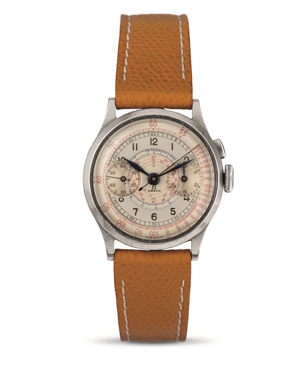 Omega - Very rare steel cal. 28.9 single-pusher chronograph with three-tone dial and red tachymeter scale and olive button