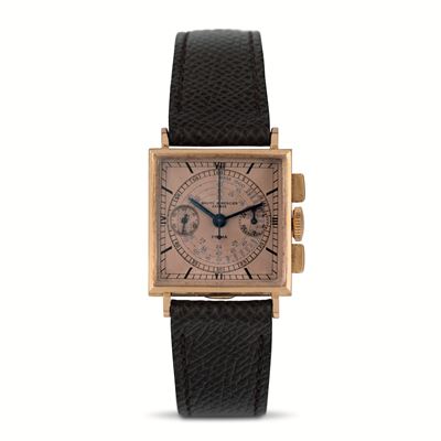Raro ed Elegante Cronografo di Forma Tasti Quadri in Oro Rosa Quadrante Rosa con Scala Tachimetri...