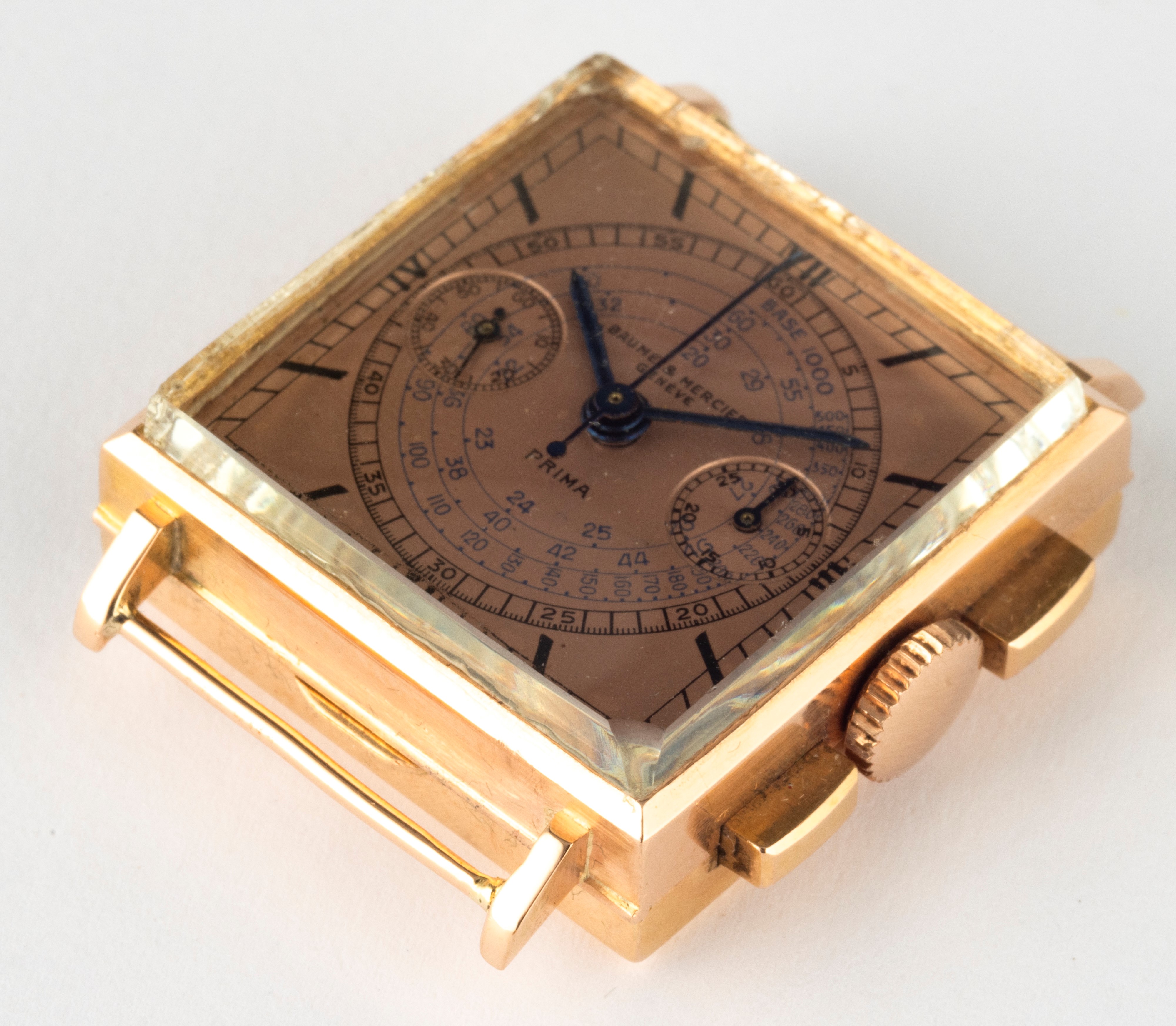 Baume & Mercier - Raro ed Elegante Cronografo di Forma Tasti Quadri in Oro Rosa Quadrante Rosa co...