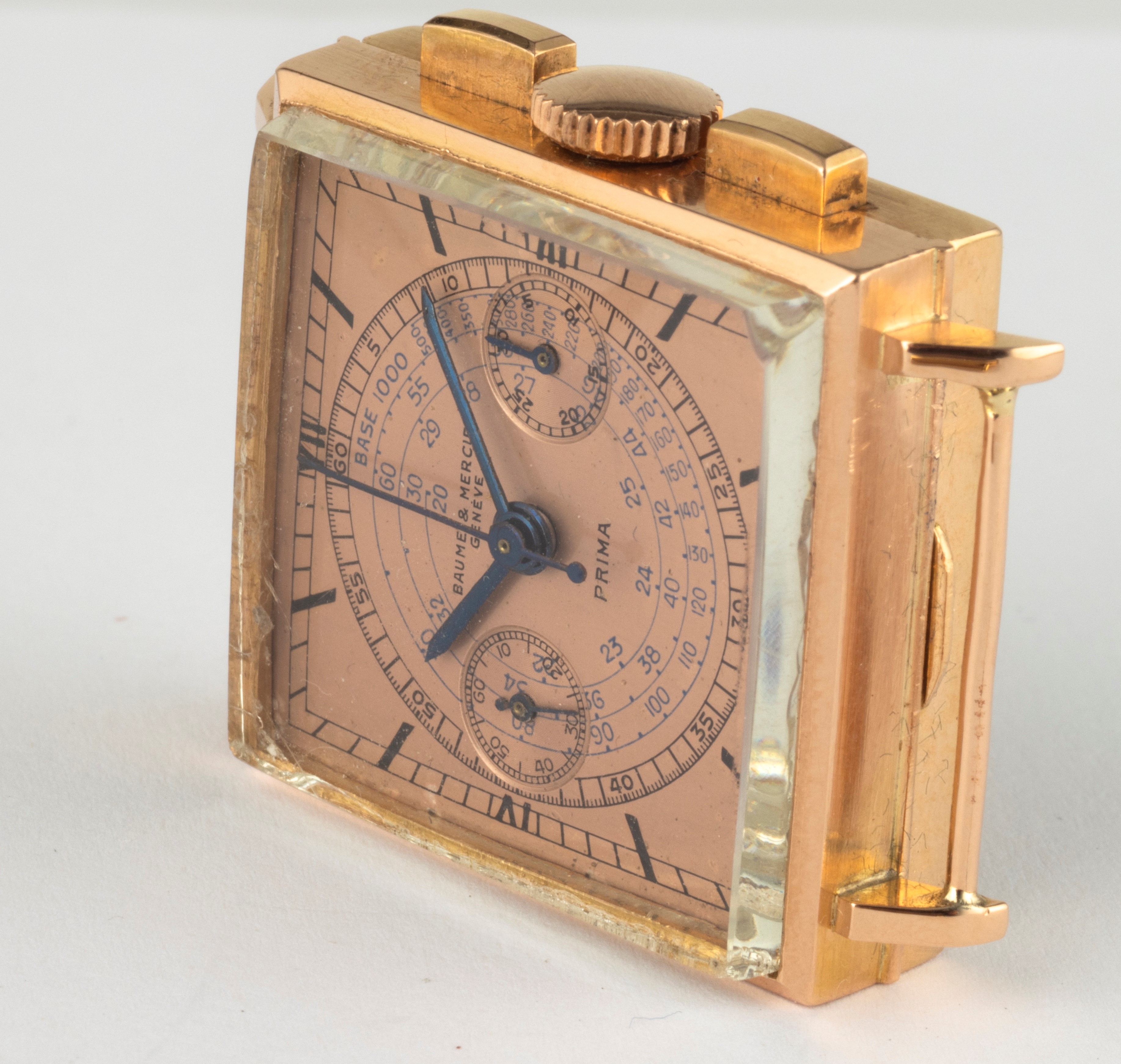 Baume & Mercier - Raro ed Elegante Cronografo di Forma Tasti Quadri in Oro Rosa Quadrante Rosa co...