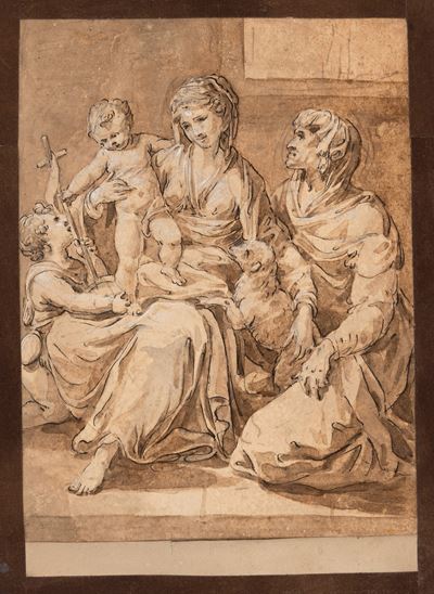 Madonna con Bambino, Sant'Anna e San Giovannino, penna, inchiostro, biacca e acquerello su carta