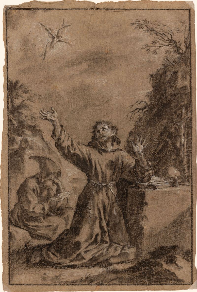 Nicola Bertuzzi detto l'Anconitano : San Francesco riceve le stigmate  - matita nera e gessetto bianco su carta - Asta Disegni Antichi - I - Cambi Casa d'Aste