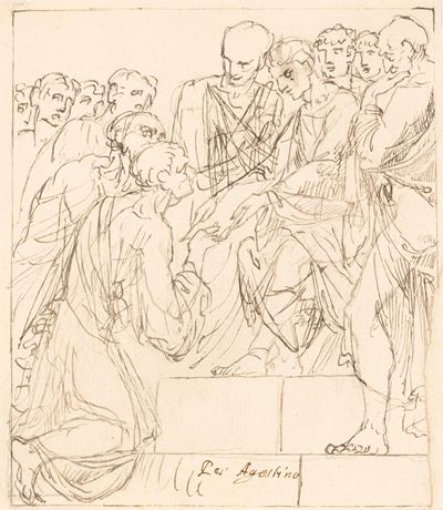 Scena di storia antica, matita nera, penna e inchiostro bruno su carta