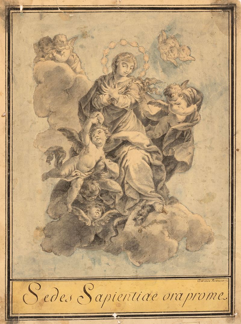 Antonio Bresciani : Vergine Assunta  - penna, inchiostro e acquerello grigio e colorato su carta - Auction Old Masters - Cambi Casa d'Aste