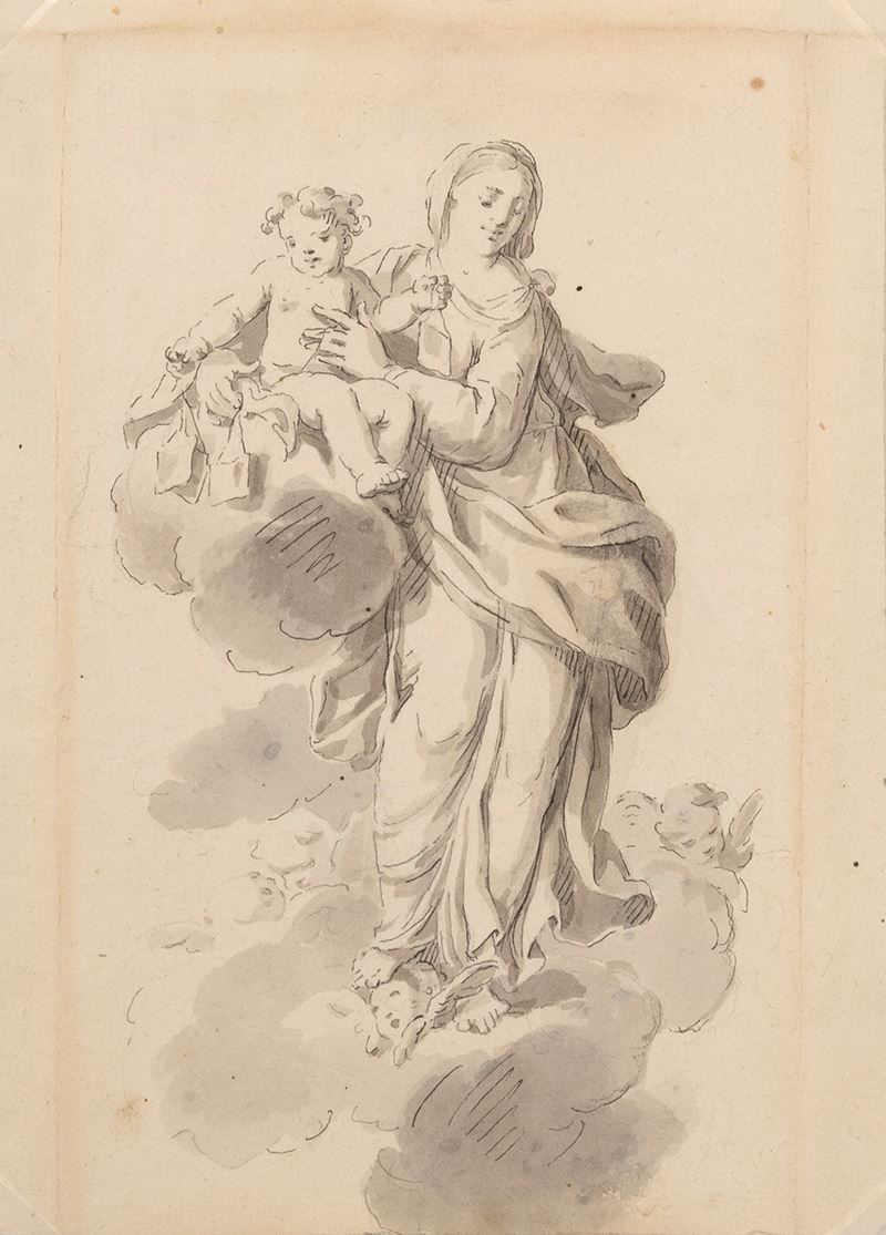 Antonio Bresciani : Vergine col Bambino  - penna, inchiostro grigio e acquerello su carta - Auction Old Masters - Cambi Casa d'Aste