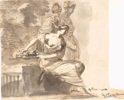 Figure di vestali - penna, inchiostro bruno e acquerello grigio su carta