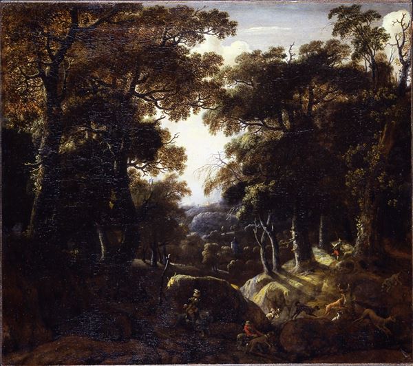 Jacob de Heusch (1657 Utrecht - 1701 Amsterdam) e Johannes Lingelbach (1622 Francoforte sul Meno - 1674 Amsterdam) Paesaggio boschivo con scena di caccia
