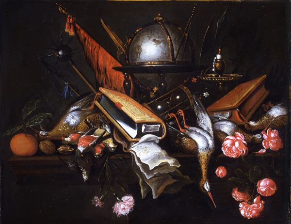 Natura morta con pennuti, libri e mappamondo