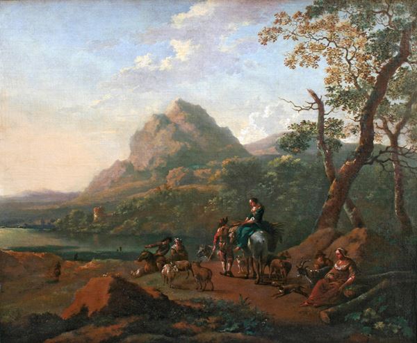 Willem de Heusch (1618 Utrecht - 1692 Utrect) e Johannes Lingelbach (1622 Francoforte - 1674 Amsterdam) Paesaggio lacustre con pastori in cammino