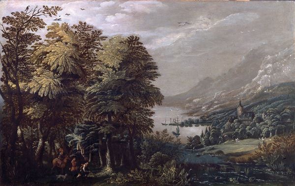 Frederik van Valckenborch - Paesaggio fluviale con cacciatori