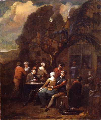 Esterno di Locanda con Figure e Scena Galante
