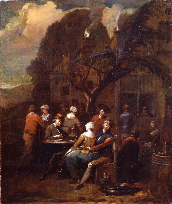 Esterno di locanda con figure e scena galante