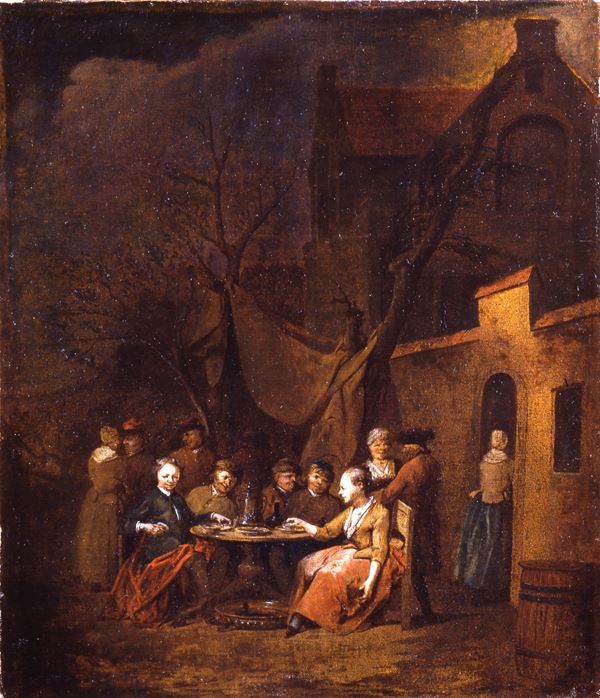 Esterno di locanda con figure attorno a un tavolo