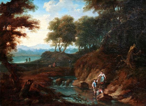 Paesaggio con pescatori di granchi in riva al fiume