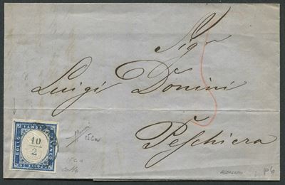 1860, Sardegna, Lettera da Desenzano a Peschiera Affrancata con IV Emissione 20c. Azzurro (15ca)