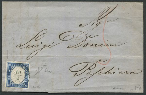 1860, Sardegna, Lettera da Desenzano a Peschiera affrancata con IV emissione 20c. azzurro (15Ca)