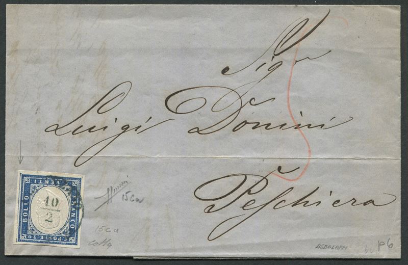 1860, Sardegna, Lettera da Desenzano a Peschiera affrancata con IV emissione 20c. azzurro (15Ca)  - Auction Postal History and Philately - Cambi Casa d'Aste