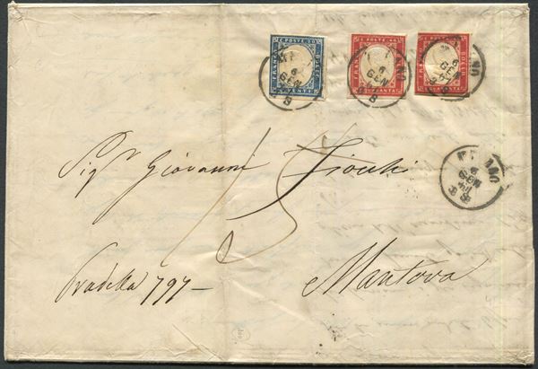 1861, Sardegna, Lettera da Milano a Mantova con francobolli della IV, 20c. celeste  (15D) e due esemplari 40c. rosso carminio (16D)