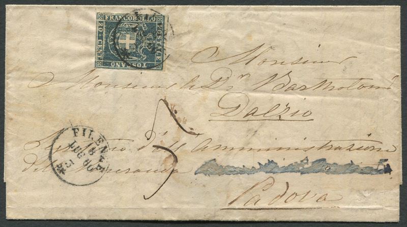 1860, Toscana, Governo provvisorio, Lettera da Firenze a Padova con 20c. azzurro grigio (20b)  - Asta Storia Postale e Filatelia - Cambi Casa d'Aste